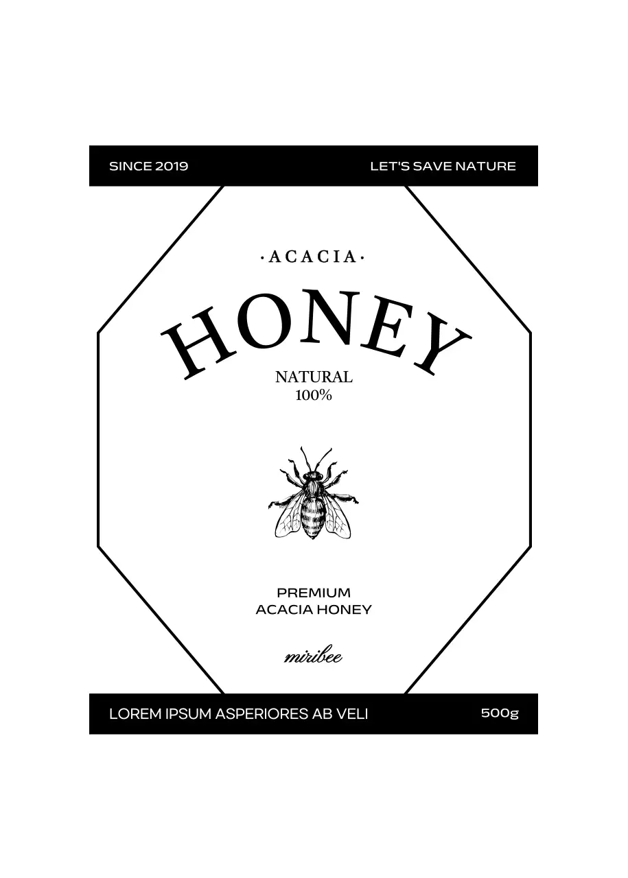 Label madu vintage yang sederhana dengan ilustrasi lebah hitam dan putih