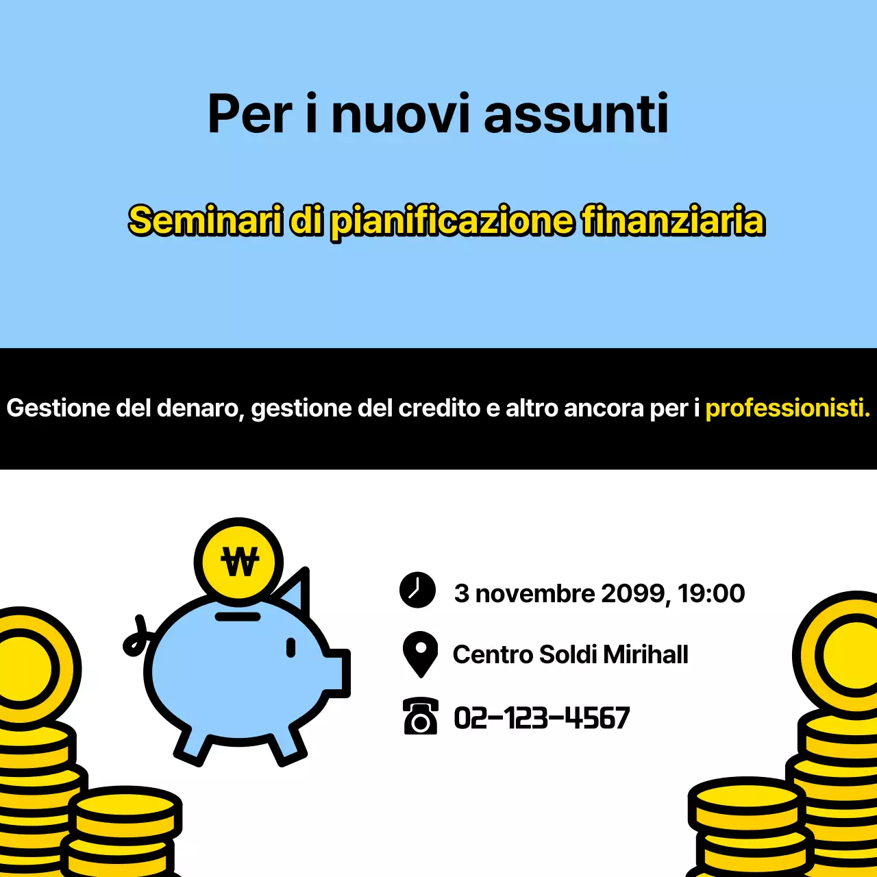 Materiale di formazione per la gestione del credito con sfondo azzurro, dal sapore kitsch