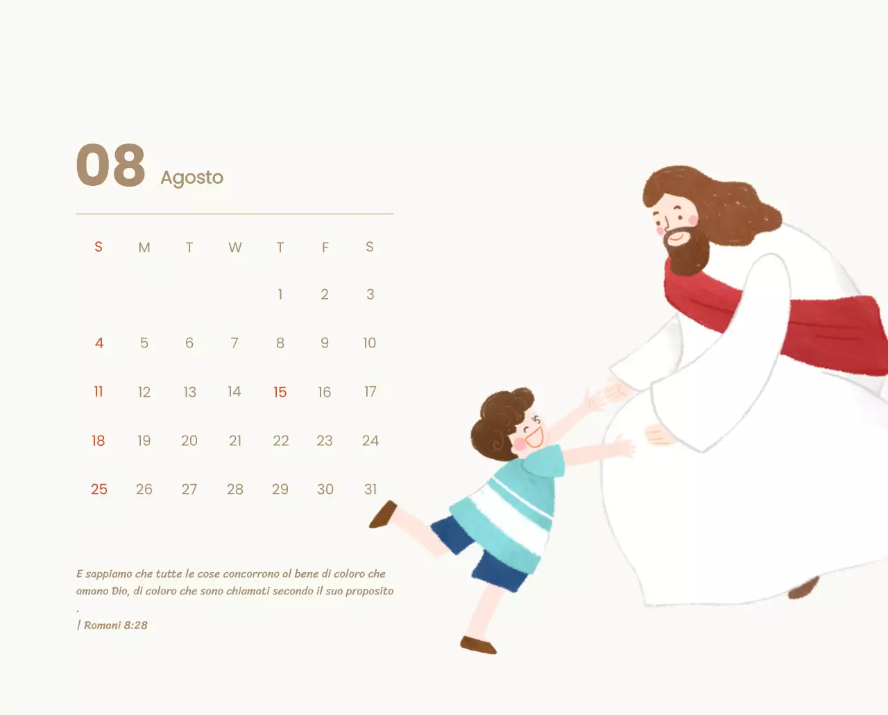Un calendario devozionale con illustrazioni accoglienti e versetti della Bibbia su uno sfondo blu chiaro