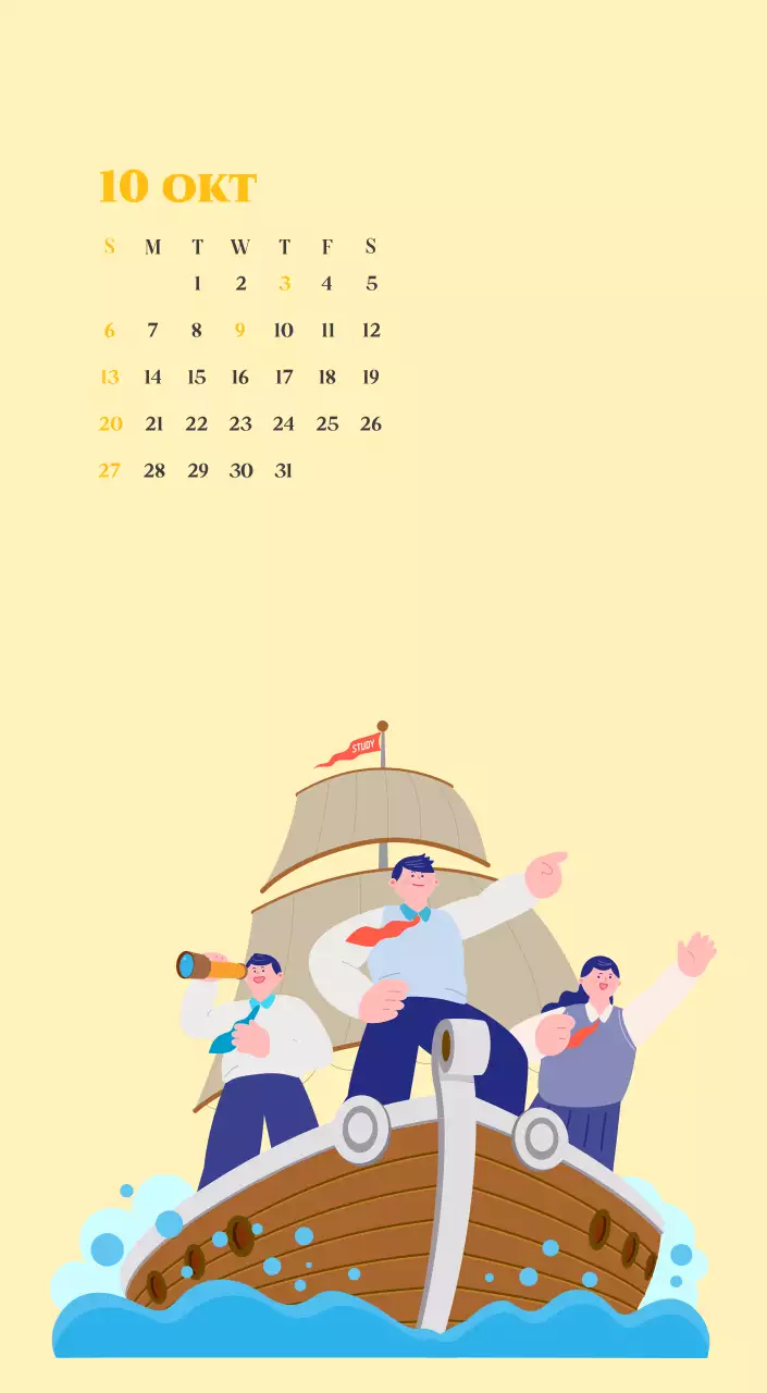 Kalender met jeugdillustraties op een gele en groene achtergrond