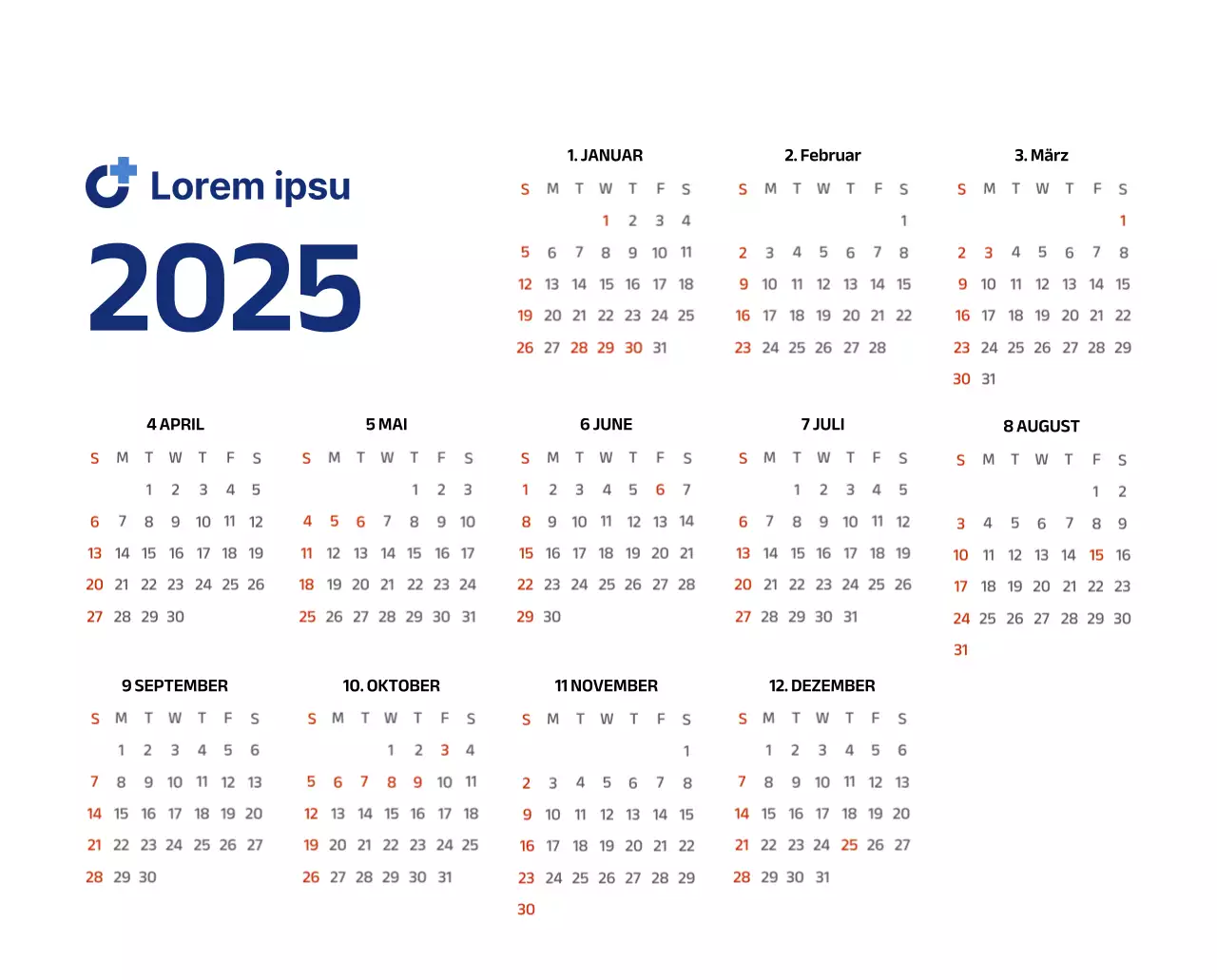 Einfacher Kalender mit klaren Illustrationen in Blau