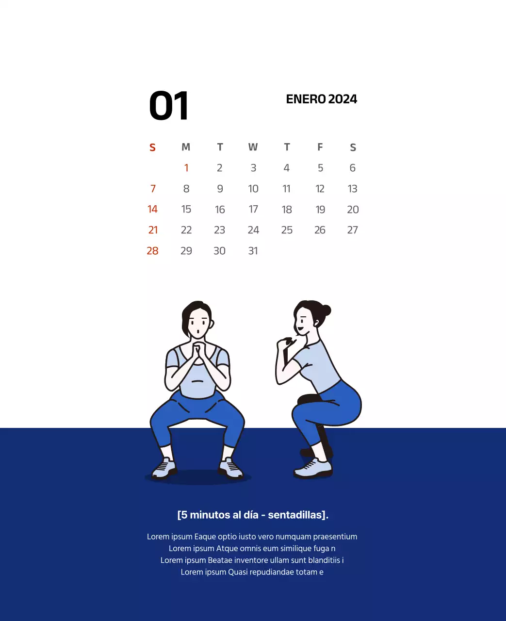 Calendario sencillo con ilustraciones limpias en azul