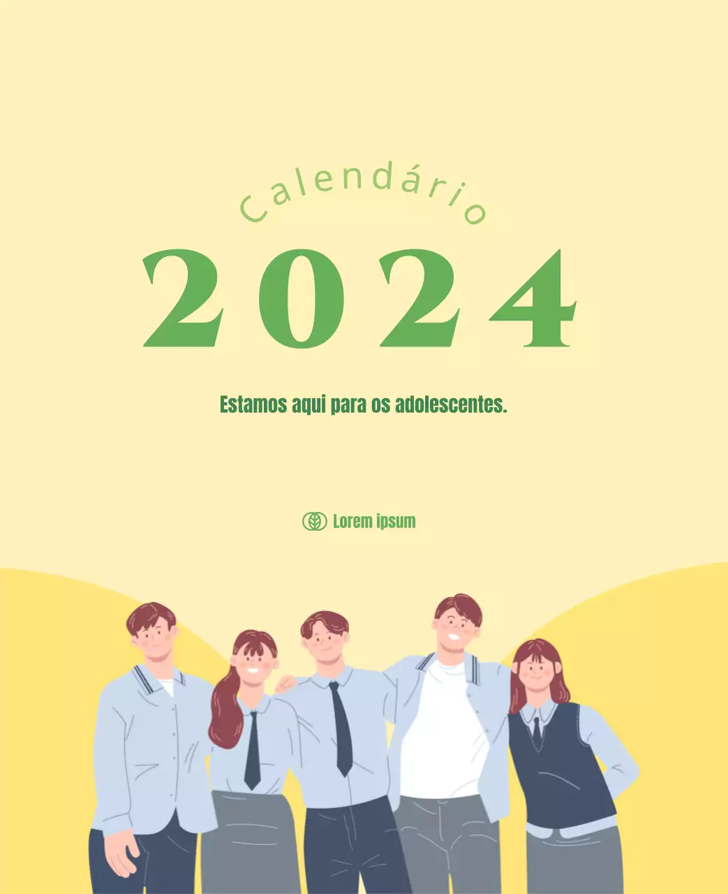 Calendário com ilustrações de jovens sobre um fundo amarelo e verde