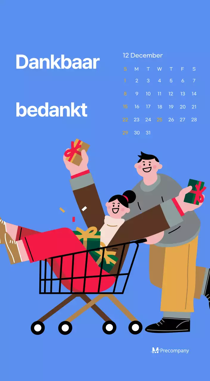 Motiverende kalender met energieke illustraties en positieve citaten op een lichtblauwe achtergrond