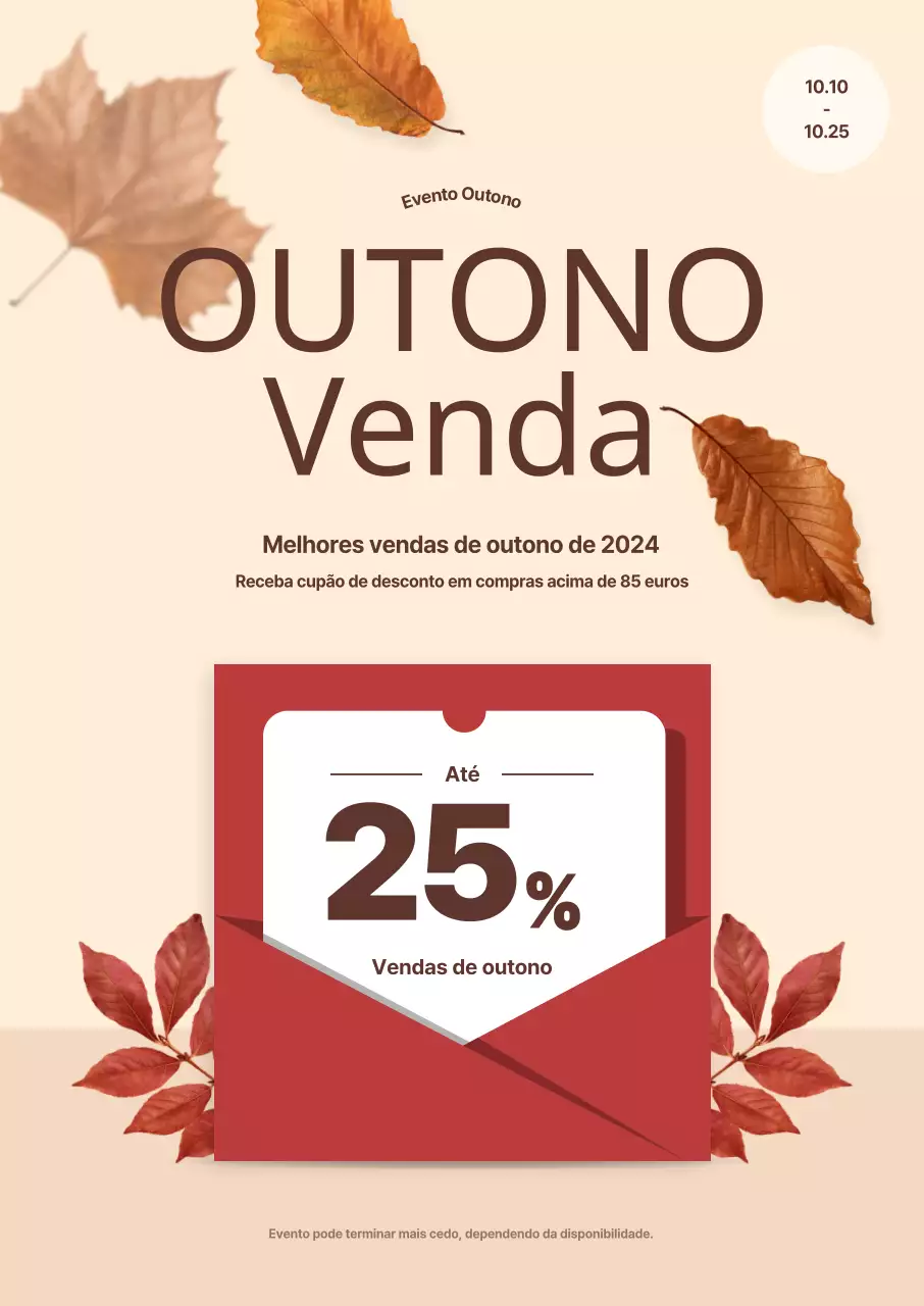Evento de saldos de outono com folhas a cair sobre um fundo bege