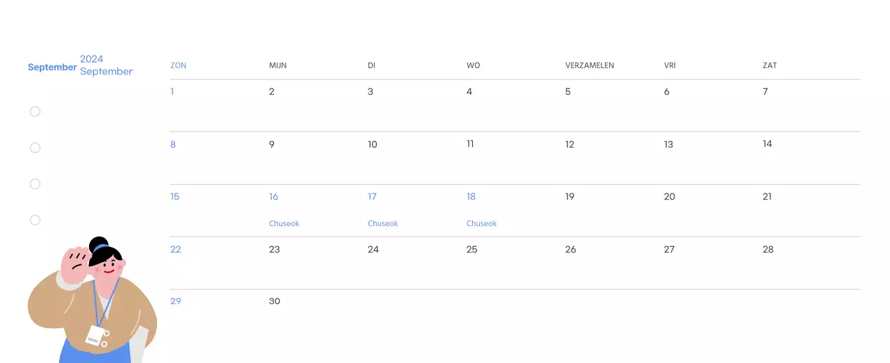 Motiverende kalender met energieke illustraties en positieve citaten op een lichtblauwe achtergrond