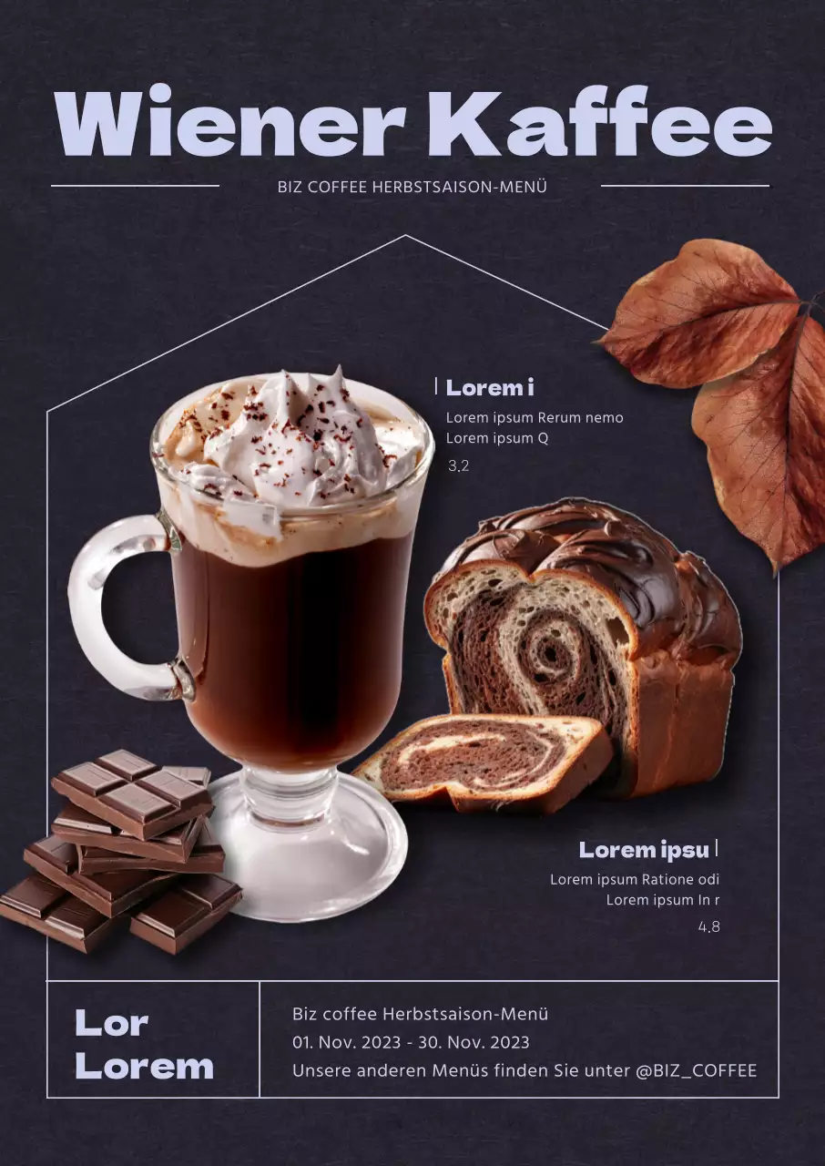 Werbung für Café-Getränke mit dunklem Hintergrund und herbstlichem Ambiente