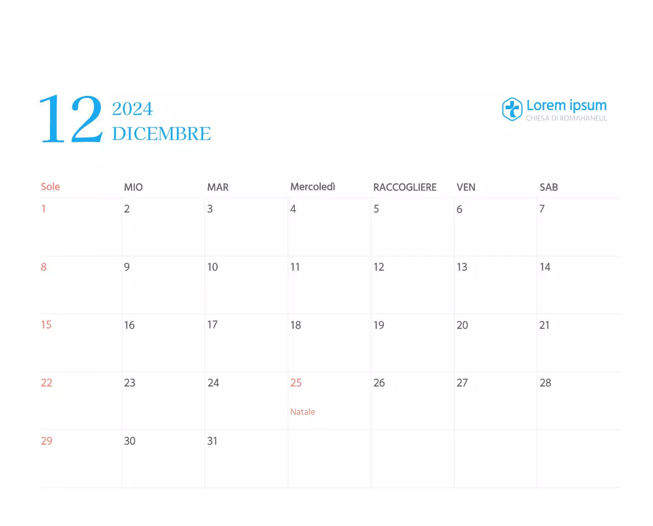 Calendario ecclesiastico blu di concezione moderna