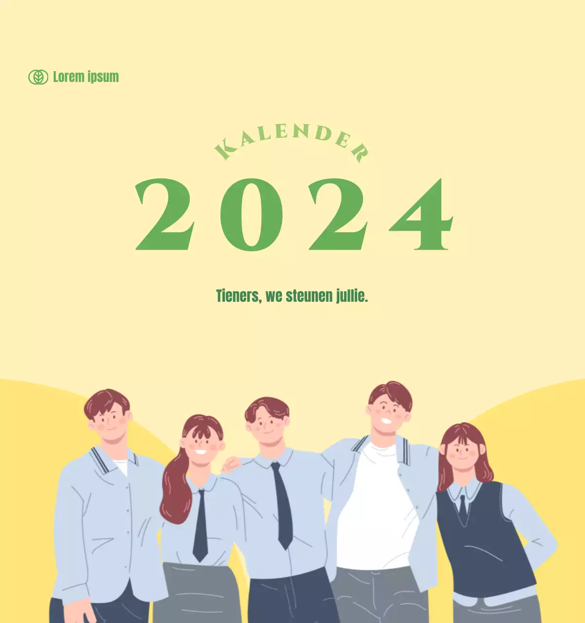 Kalender met jeugdillustraties op een gele en groene achtergrond