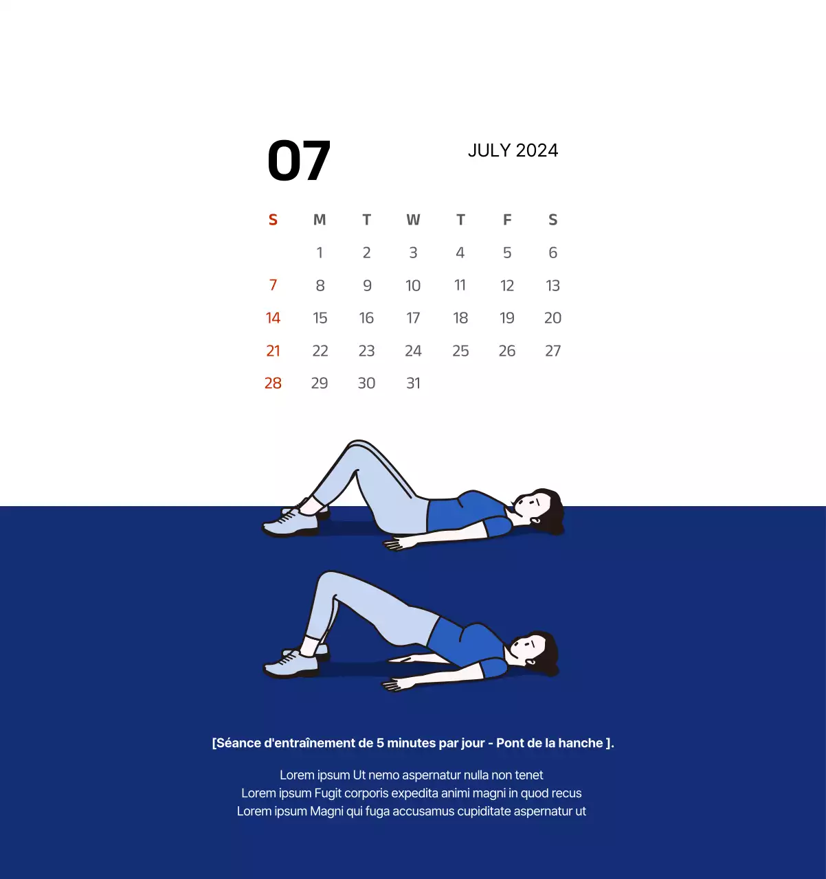 Calendrier simple avec des illustrations épurées en bleu