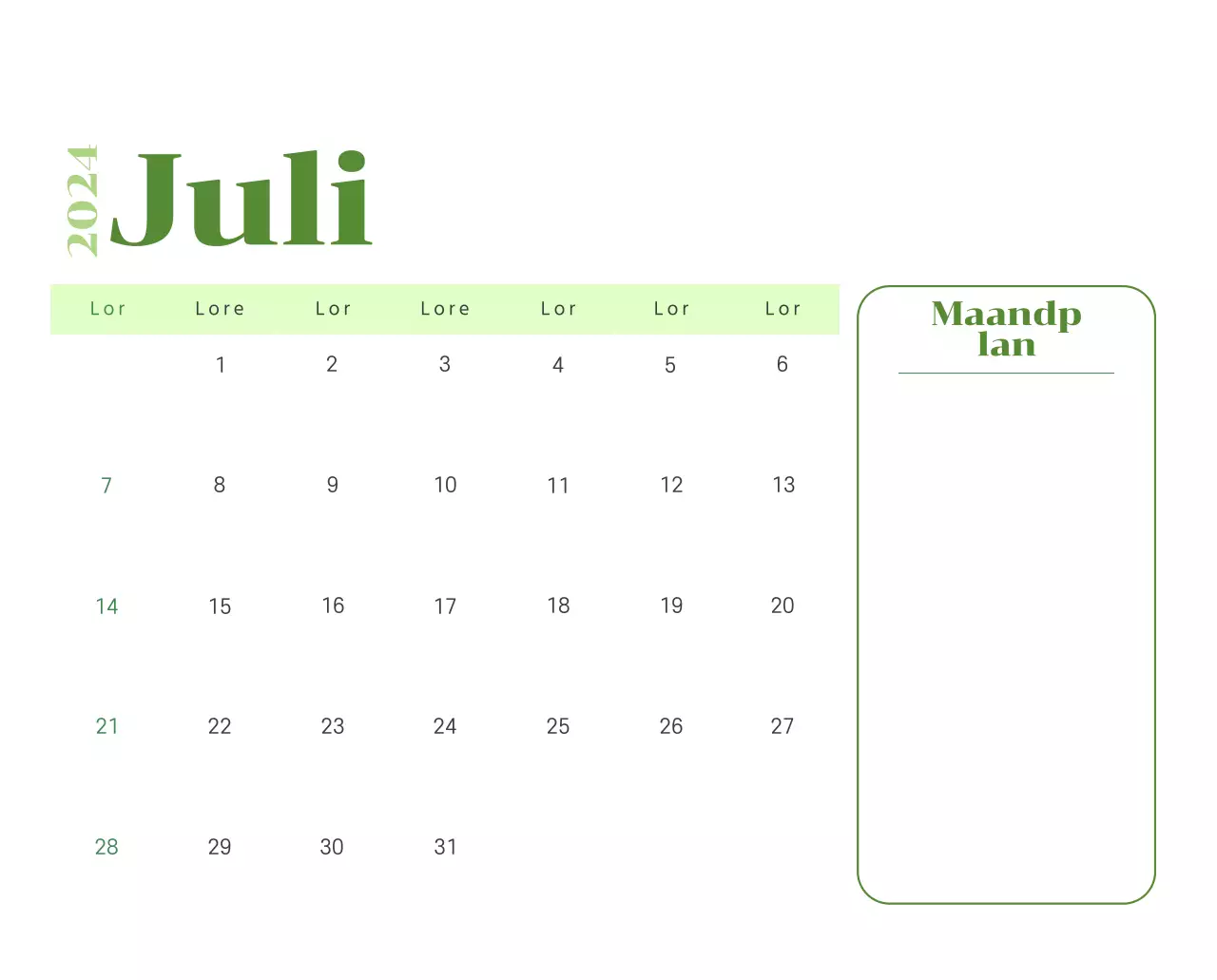 Kalender met jeugdillustraties op een gele en groene achtergrond