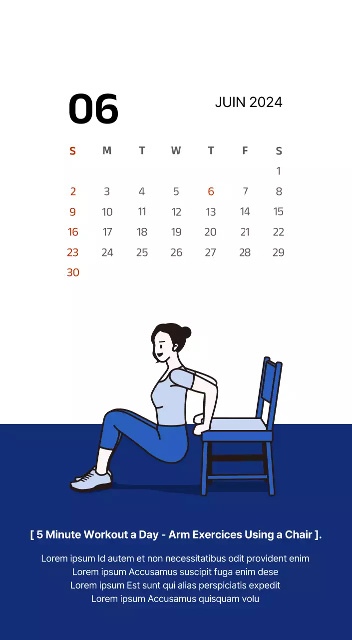 Calendrier simple avec des illustrations épurées en bleu
