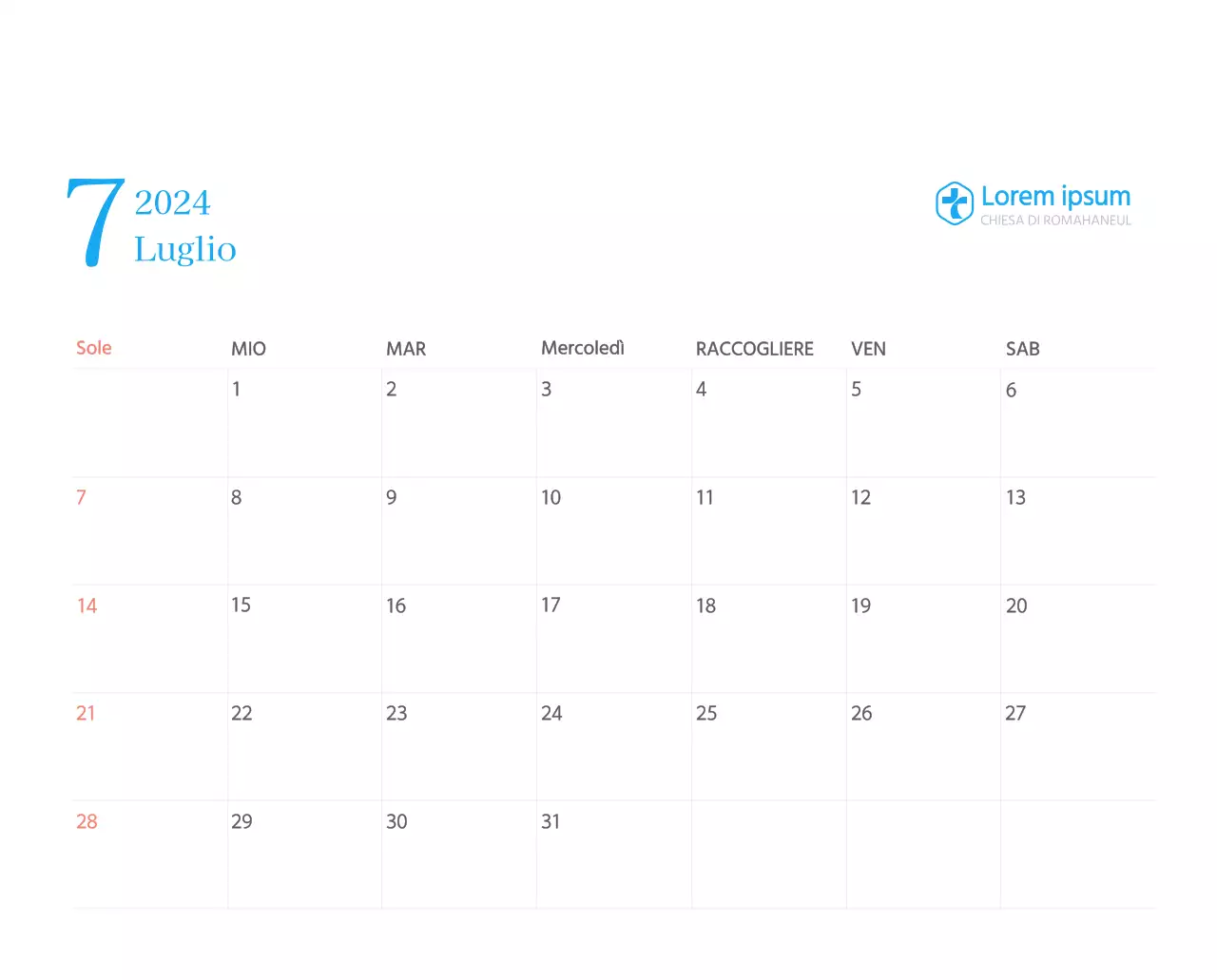 Calendario ecclesiastico blu di concezione moderna