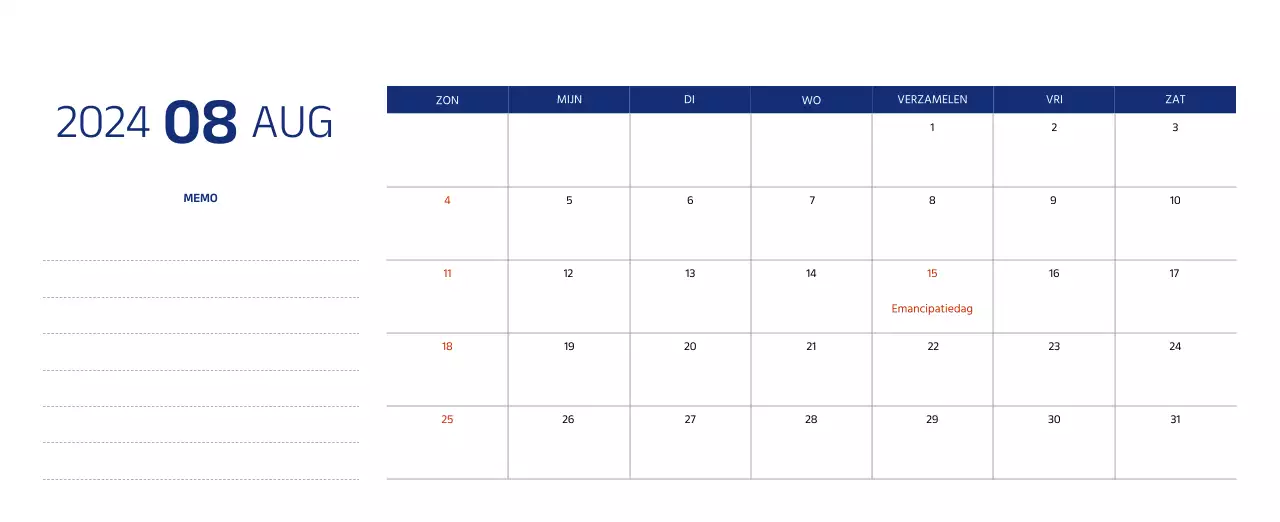 Eenvoudige kalender met strakke illustraties in blauw