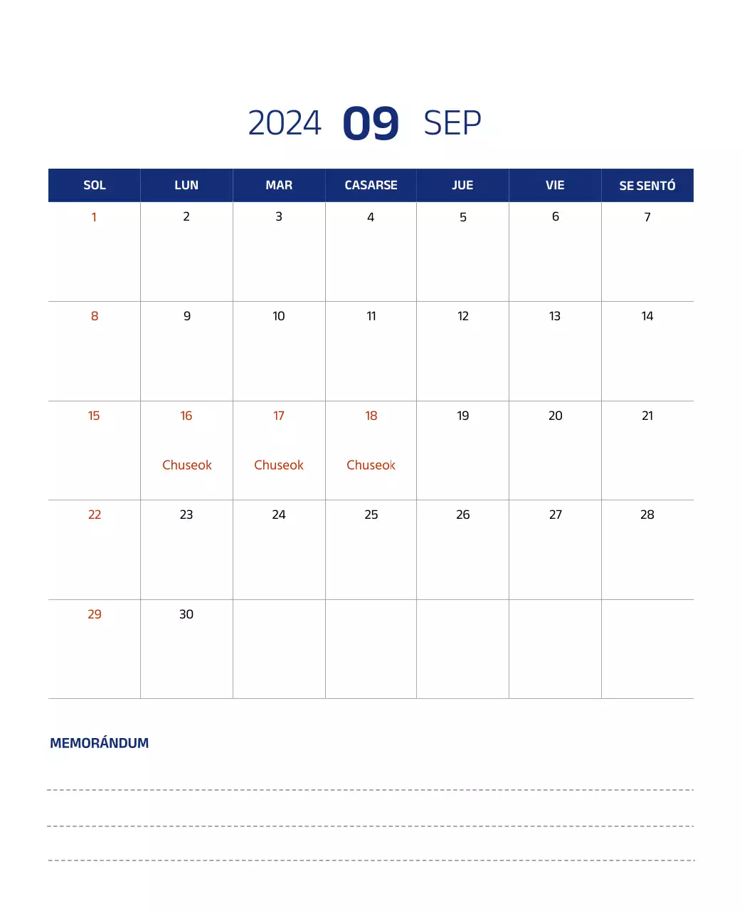 Calendario sencillo con ilustraciones limpias en azul