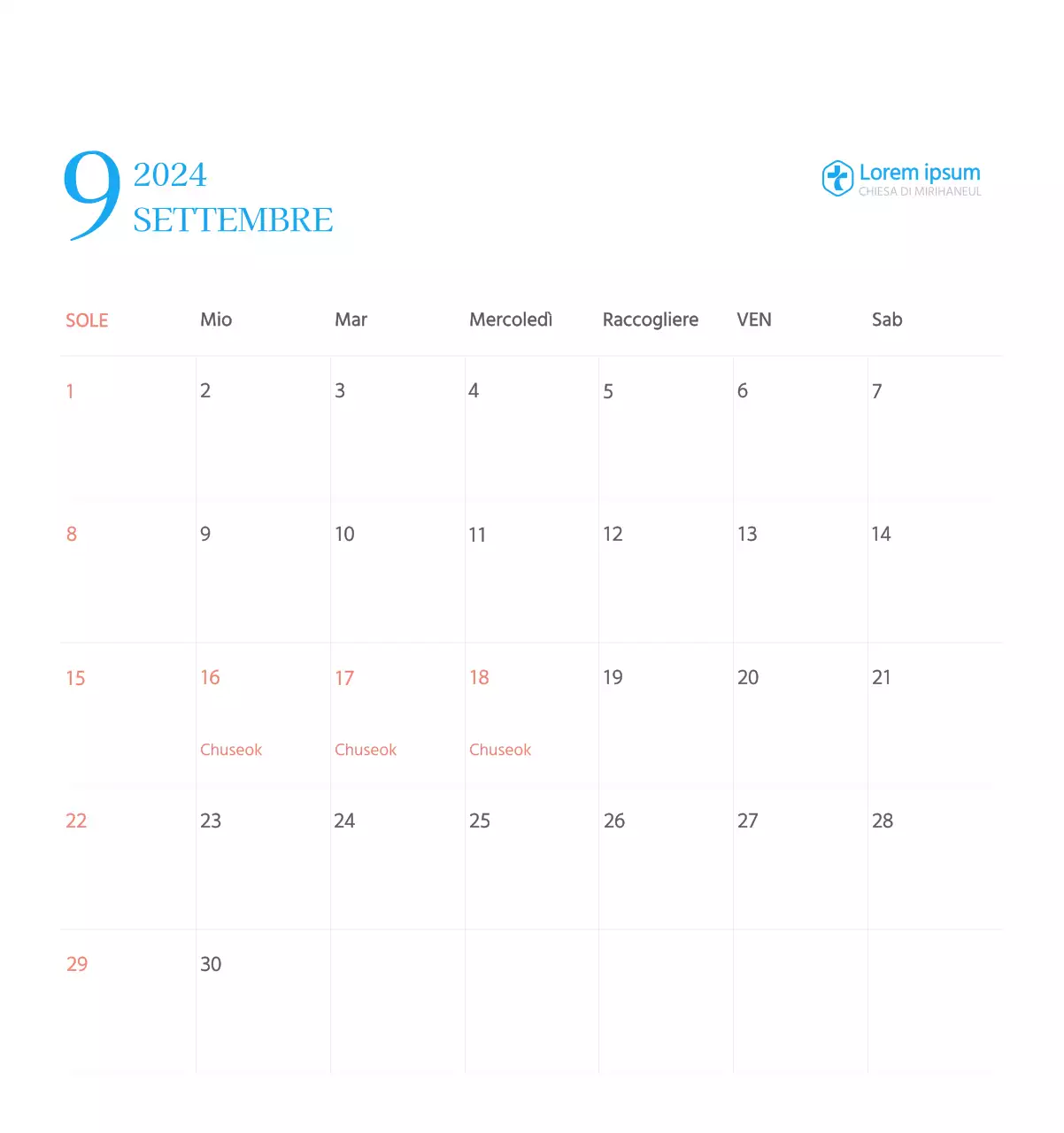 Calendario ecclesiastico blu di concezione moderna