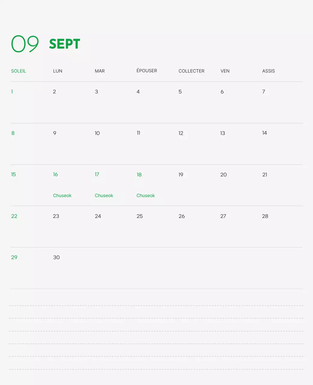 Un calendrier avec la photo d'un chiot et un message mignon aux accents verts.