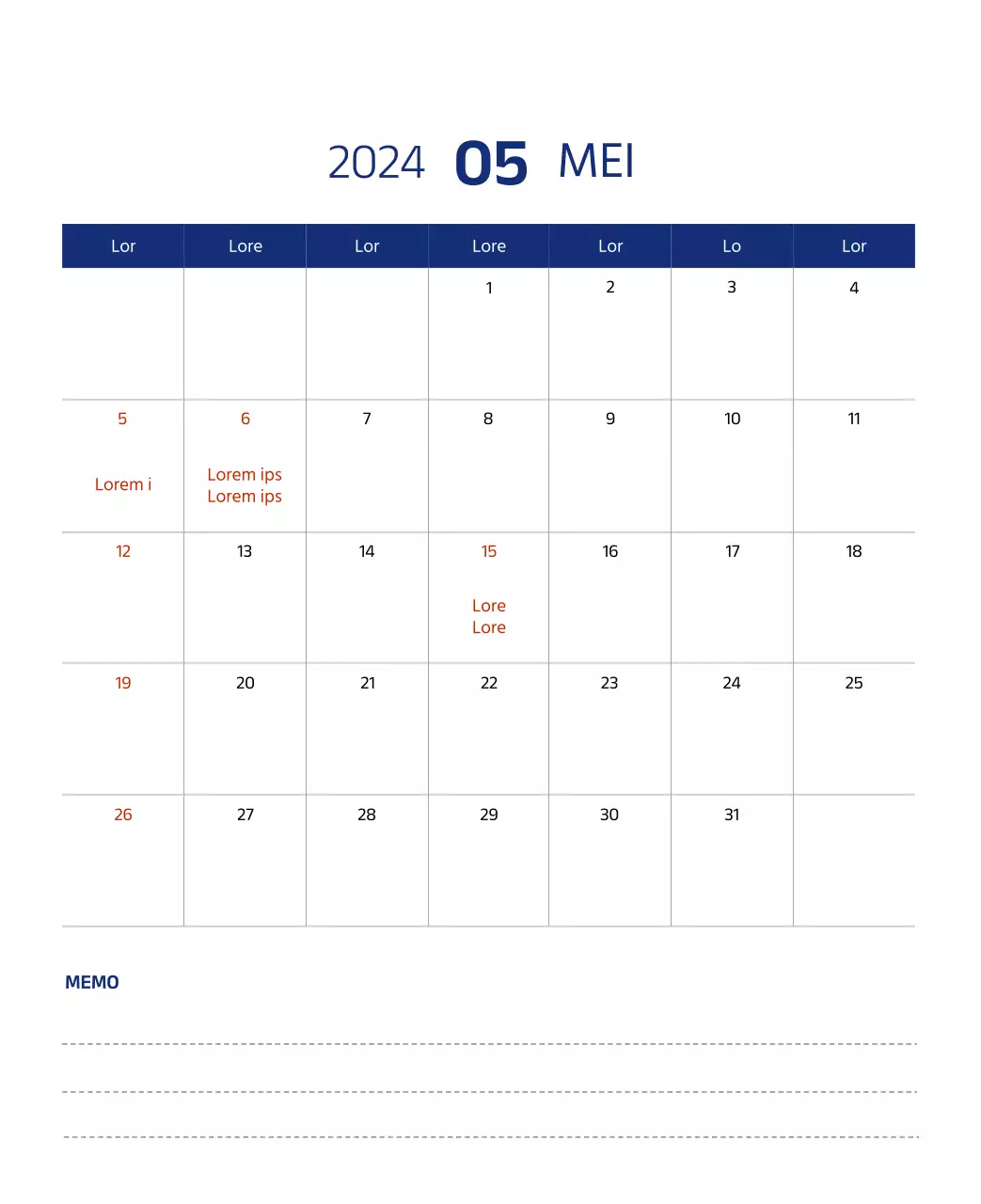 Eenvoudige kalender met strakke illustraties in blauw