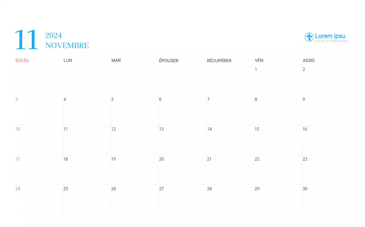 Calendrier d'église moderne bleu