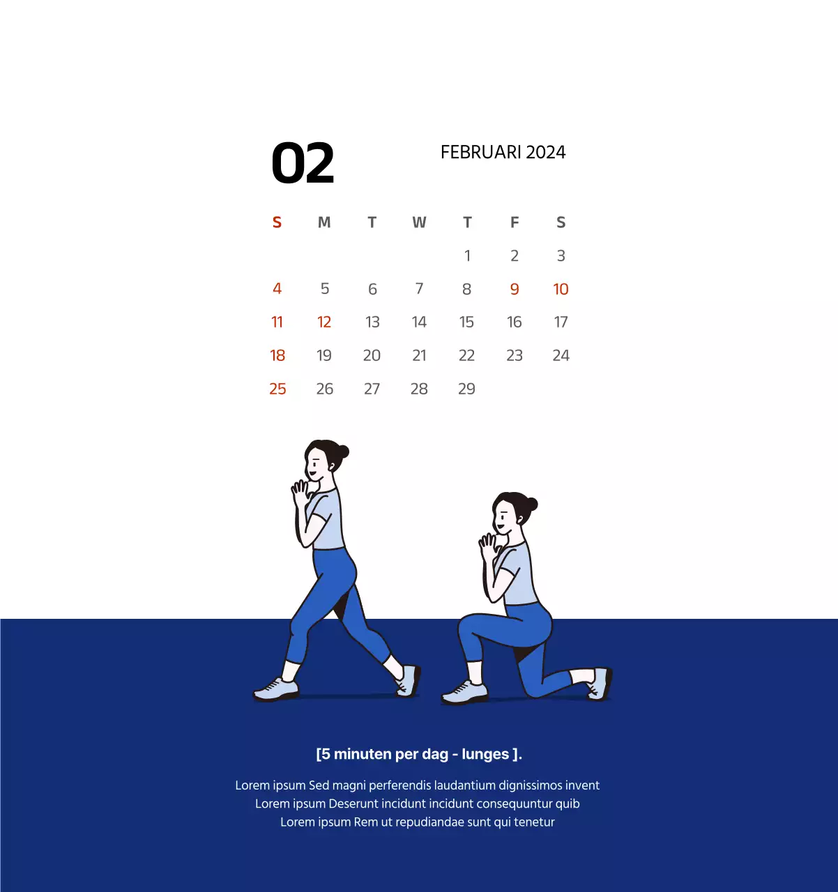 Eenvoudige kalender met strakke illustraties in blauw