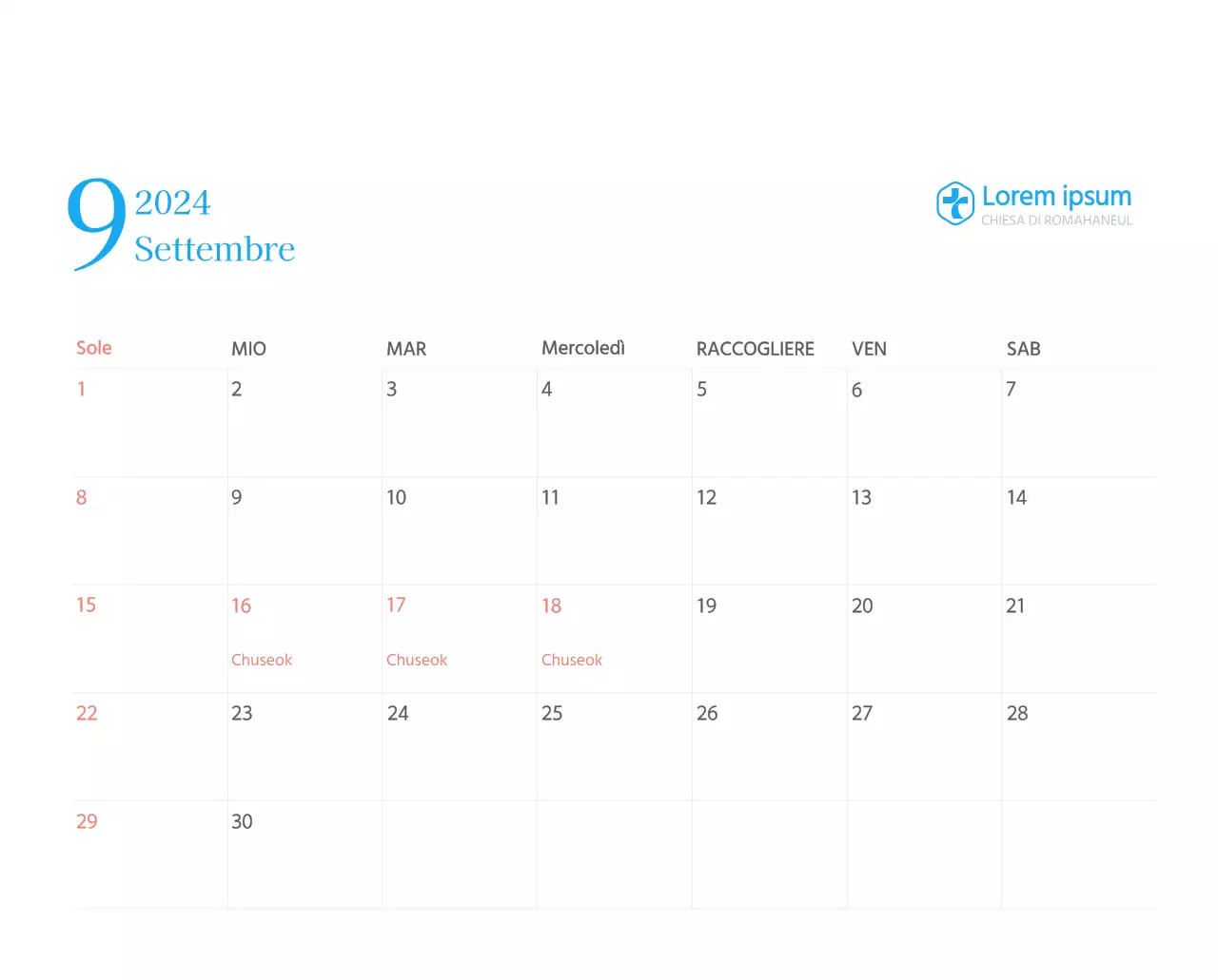 Calendario ecclesiastico blu di concezione moderna