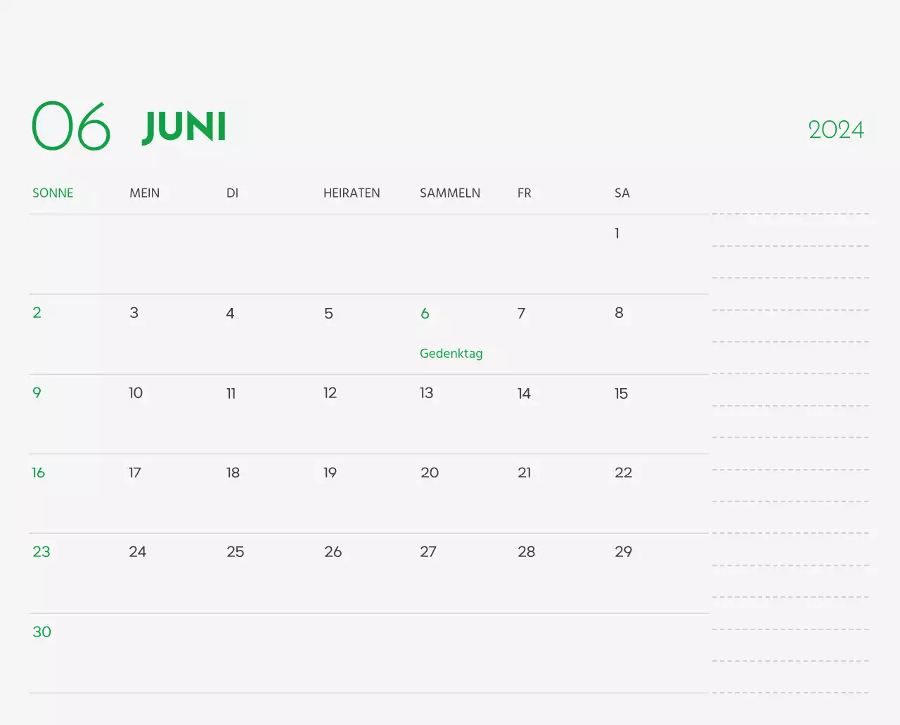 Ein Kalender mit einem Bild eines Welpen und einer niedlichen Botschaft in grünen Akzenten