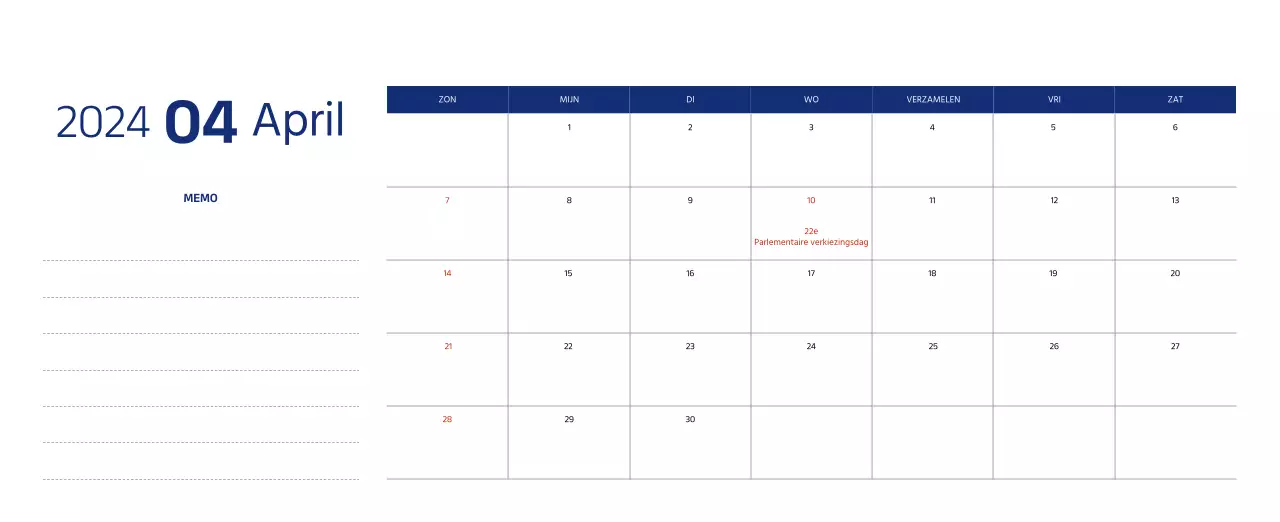 Eenvoudige kalender met strakke illustraties in blauw