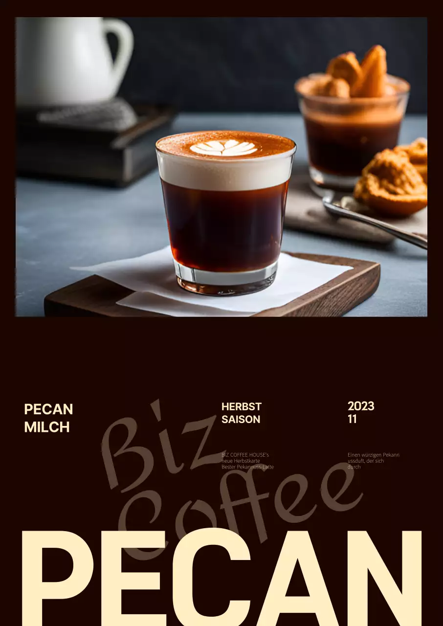 Werbung für Herbstgetränke mit verschiedenen Schriftarten auf braunem Hintergrund