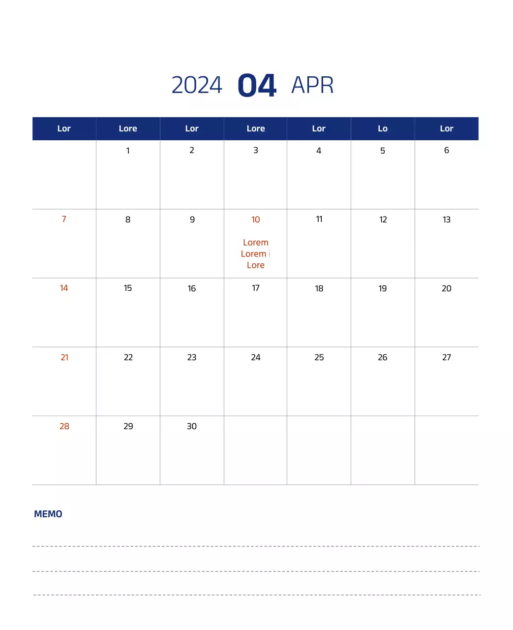 Einfacher Kalender mit klaren Illustrationen in Blau