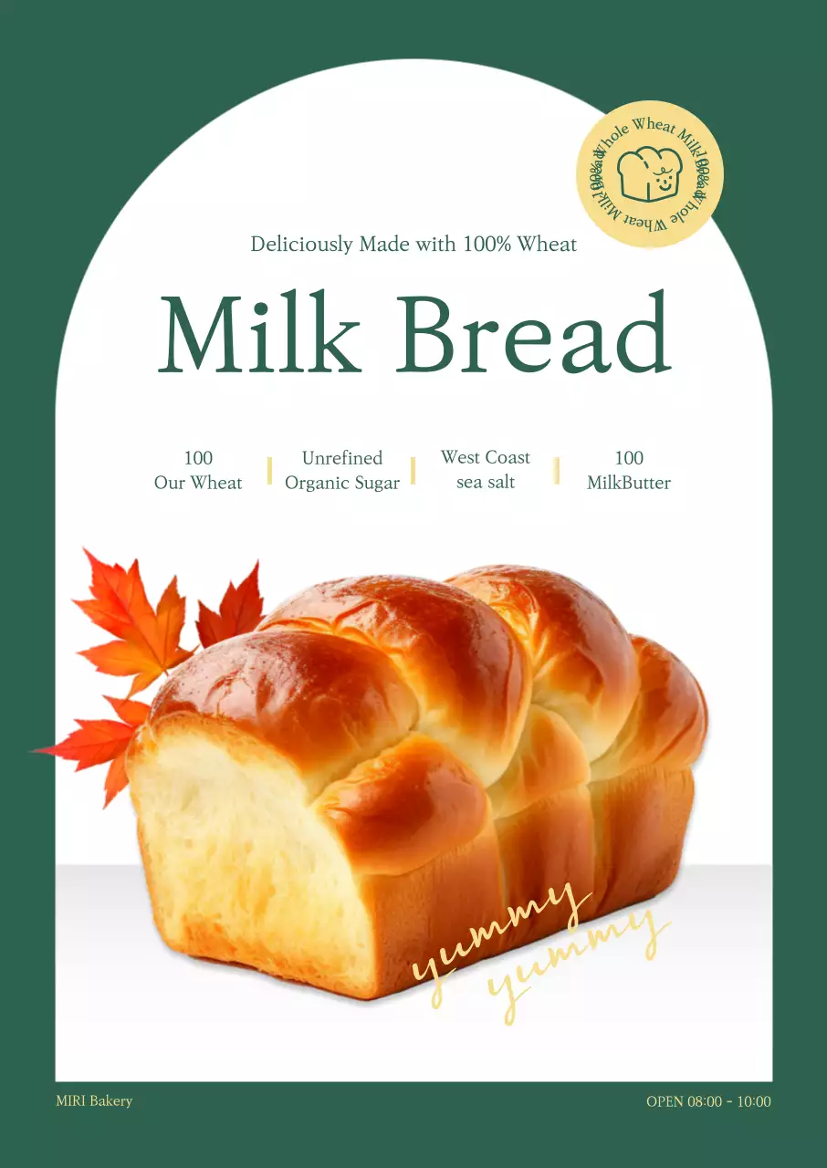 Promote a bakery with bread and fallen leaves on a green and white background