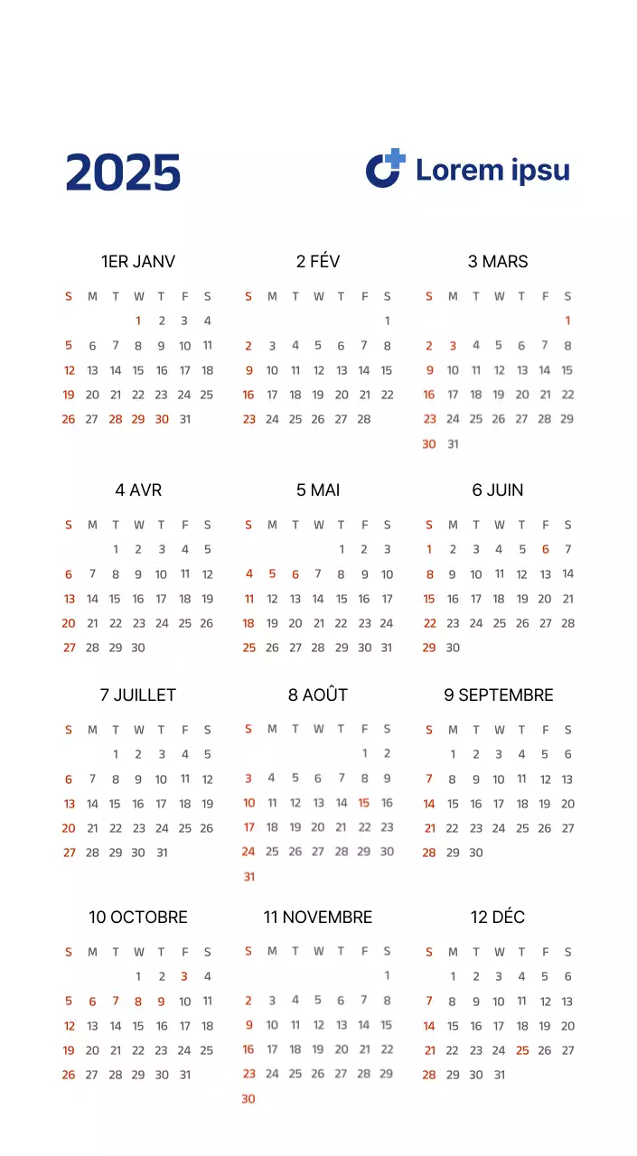 Calendrier simple avec des illustrations épurées en bleu