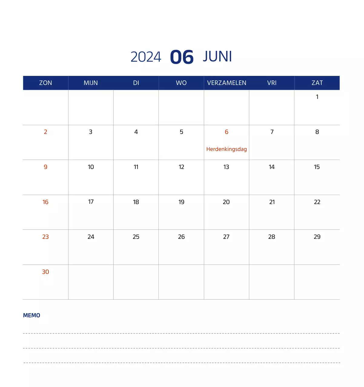 Eenvoudige kalender met strakke illustraties in blauw