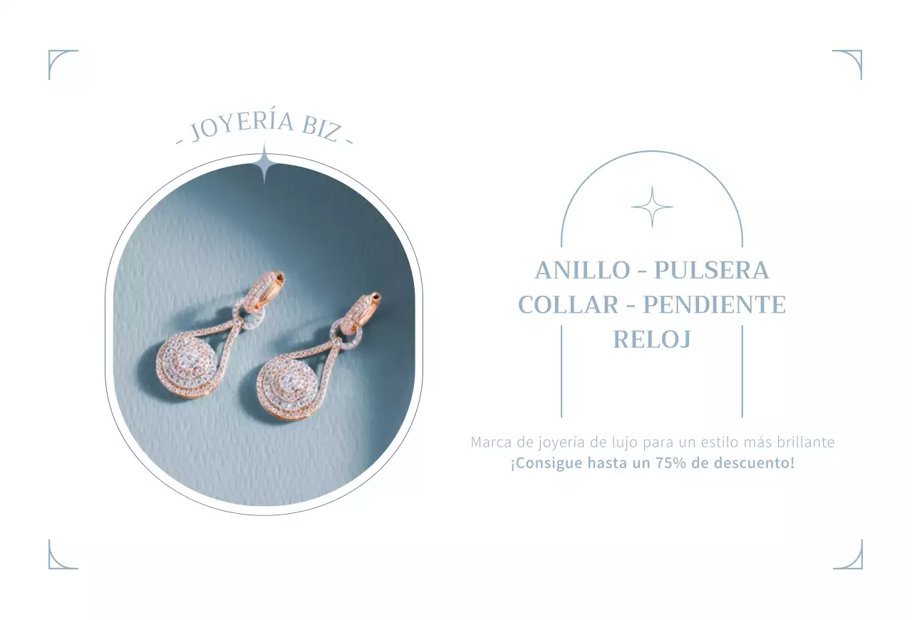 Una postal promocionando la gran apertura de una joyería en tonos azul claro