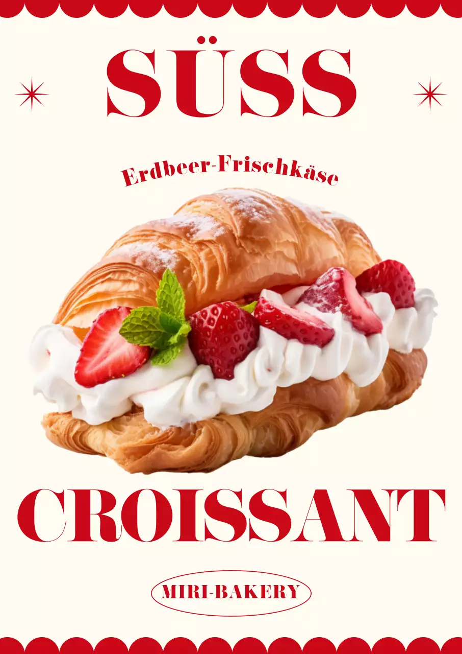 Café-Bäckerei-Menü mit fotorealistischen Bildern von Croissant-Brötchen und fetten englischen Texten und geometrischen Grafiken