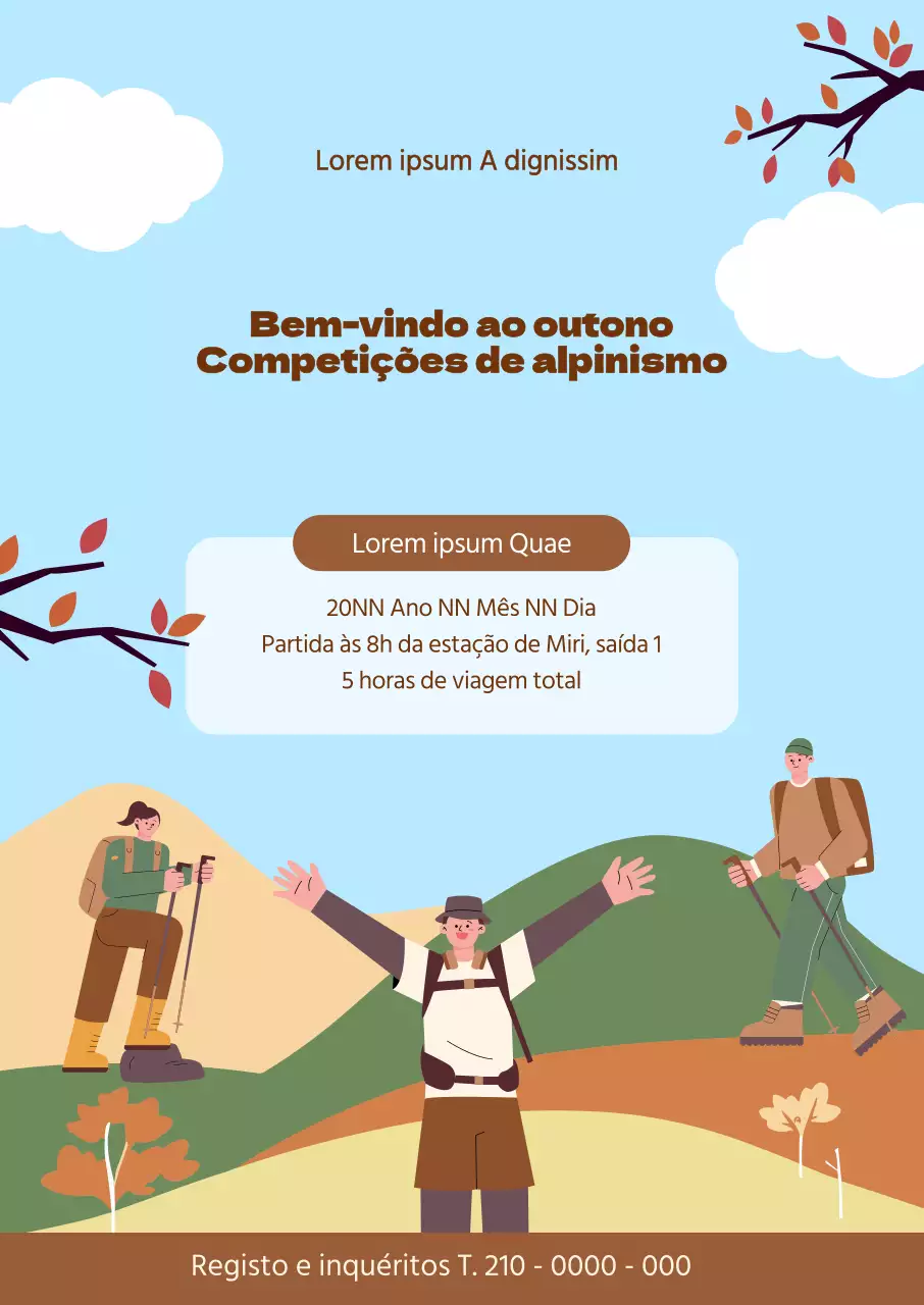 Cartaz para uma competição de alpinismo com paisagens outonais e pessoas a escalar.