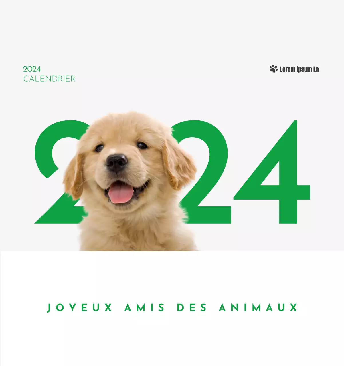 Un calendrier avec la photo d'un chiot et un message mignon aux accents verts.