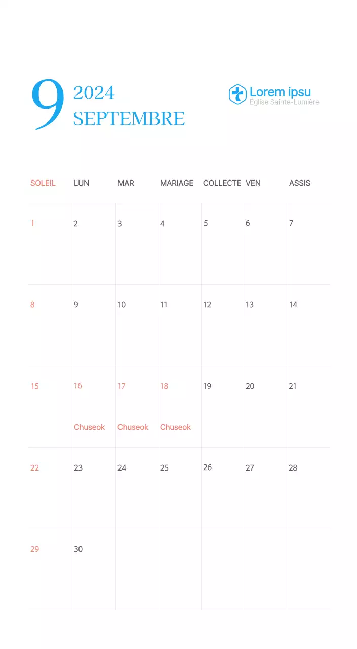 Calendrier d'église moderne bleu