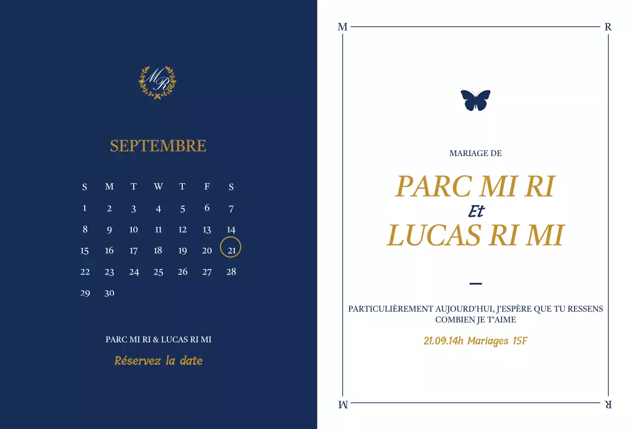 Invitation de mariage au design élégant avec des illustrations de papillons en blanc et bleu marine