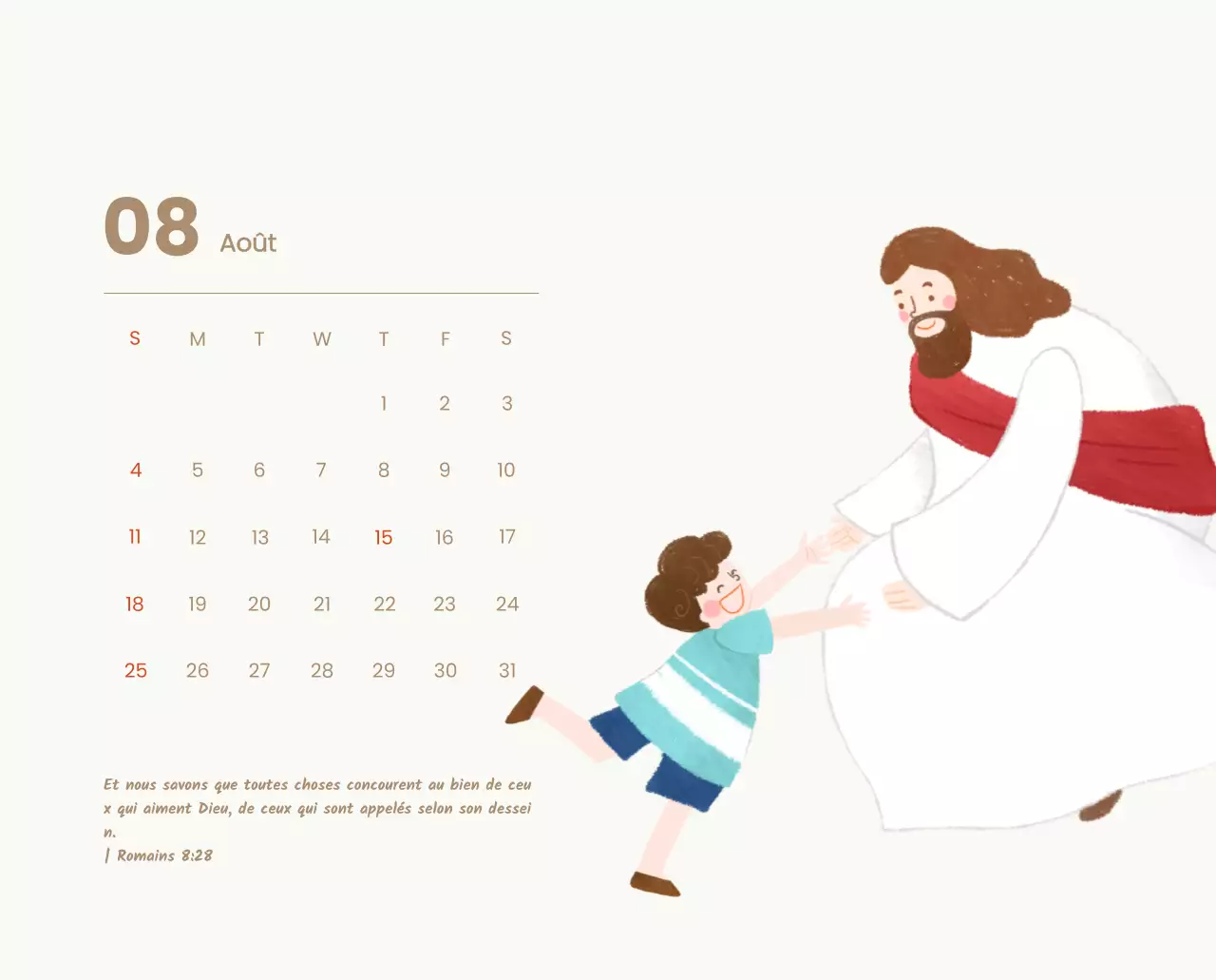 Un calendrier dévotionnel avec des illustrations douces et des versets bibliques sur un fond bleu clair.