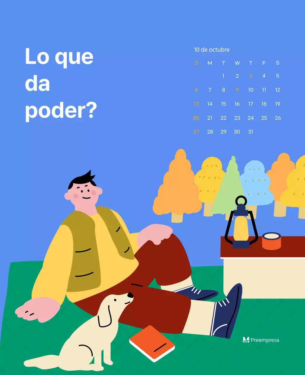 Calendario motivacional con ilustraciones llenas de energía y citas positivas sobre fondo azul claro
