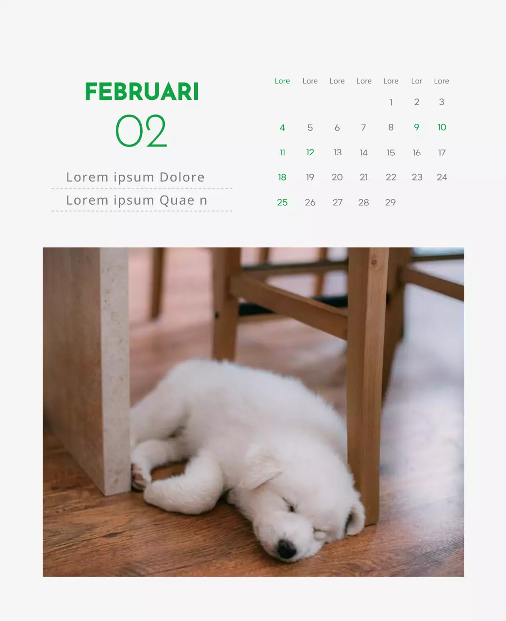 Een kalender met een afbeelding van een puppy en een schattige boodschap in groene accenten