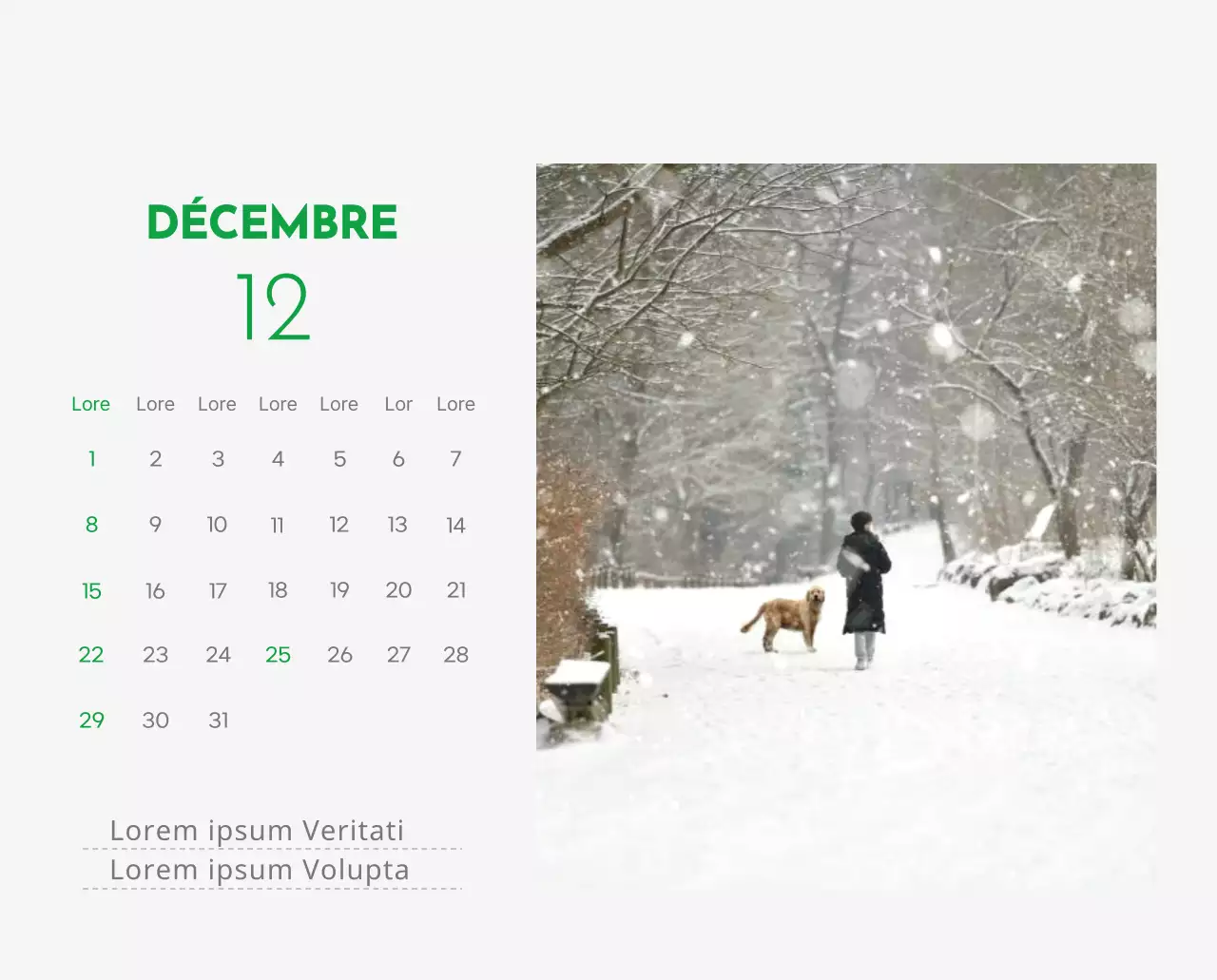 Un calendrier avec la photo d'un chiot et un message mignon aux accents verts.