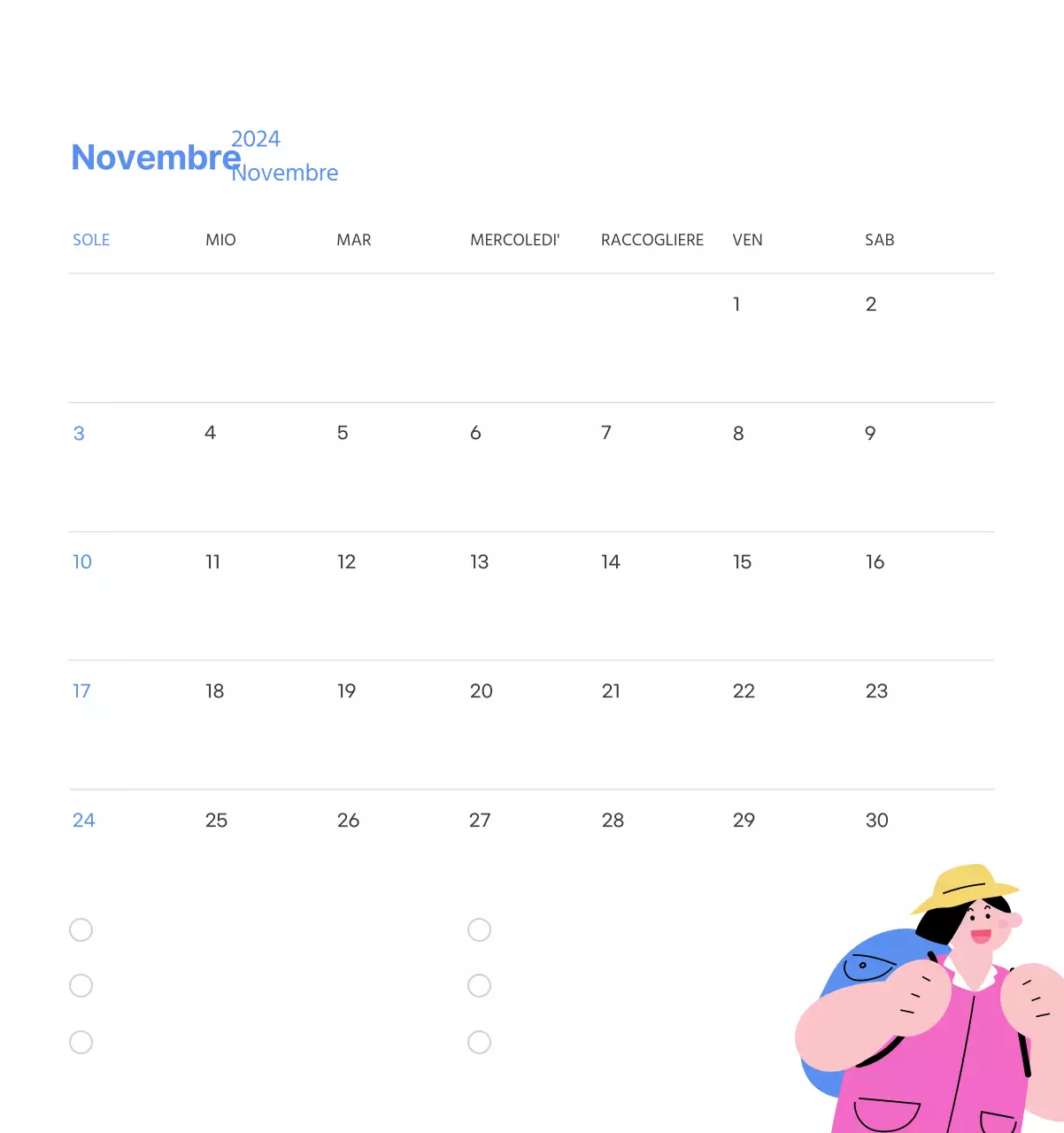 Calendario motivazionale con illustrazioni energetiche e citazioni positive su sfondo azzurro