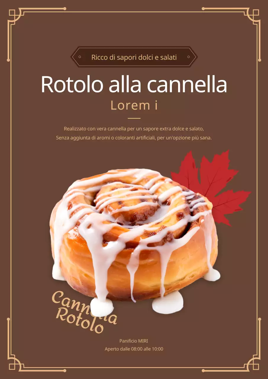 Promuovere una panetteria con panini alla cannella e foglie cadenti su sfondo marrone