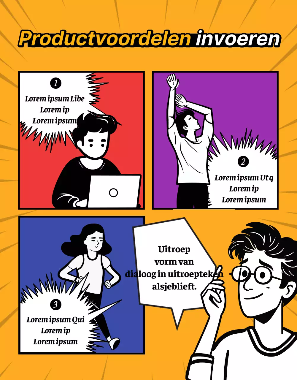 Een retro cartoonproductpitch in rood en regenboogkleuren