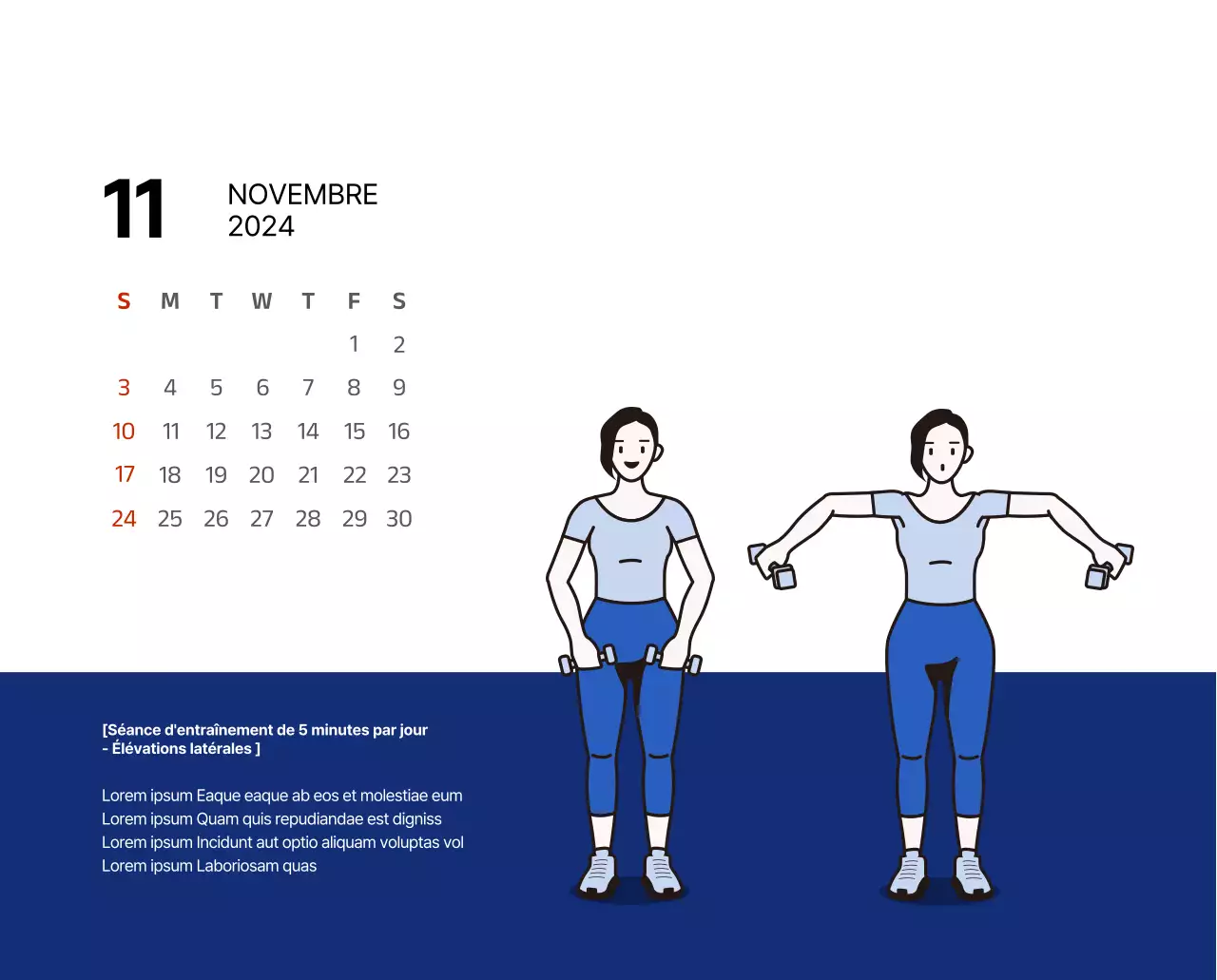 Calendrier simple avec des illustrations épurées en bleu