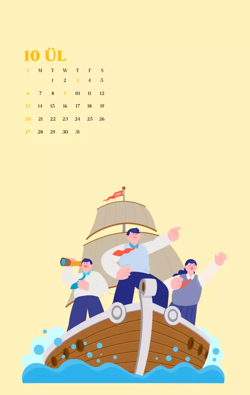 Kalender mit Jugendillustrationen auf gelbem und grünem Hintergrund