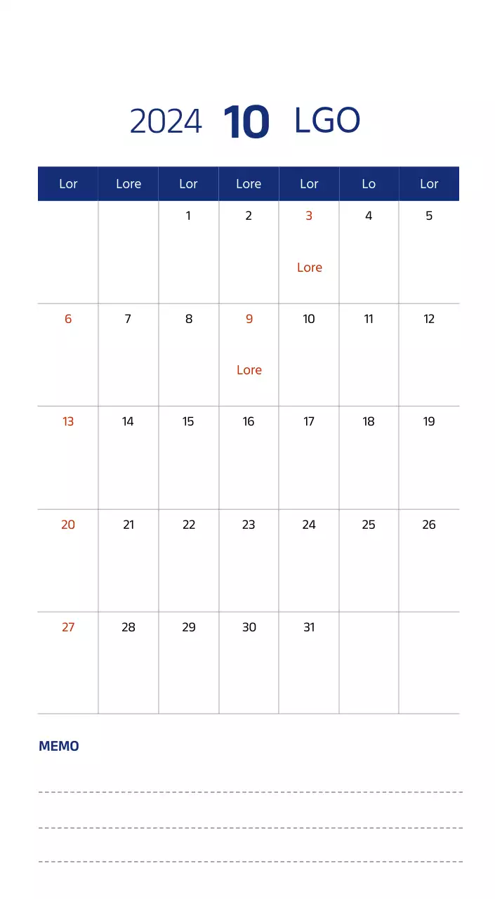 Eenvoudige kalender met strakke illustraties in blauw