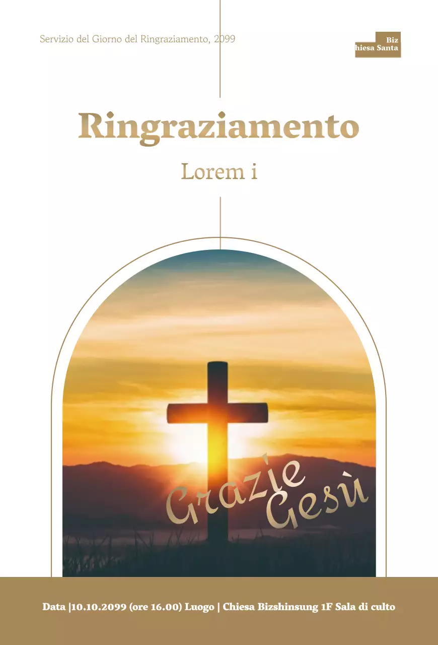Elegante invito al servizio del Ringraziamento con testo marrone e immagine della croce