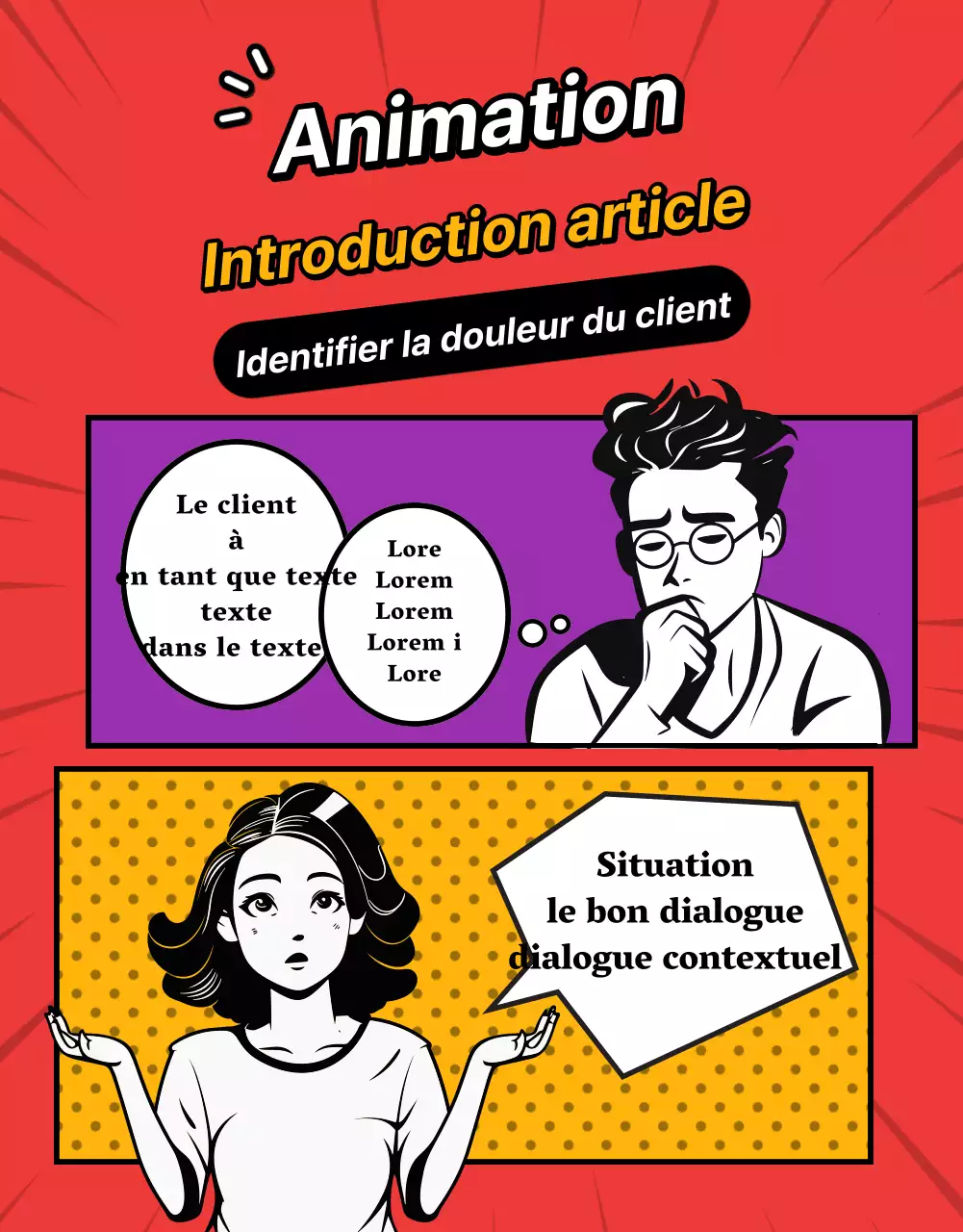 Une présentation de produit en dessin animé rétro aux couleurs rouge et arc-en-ciel